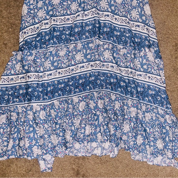 Heccpli Women’s 3/4 Sleeve Blue Floral Boho Maxi Dress Buttons and Tie Waist - Picture 11 of 14